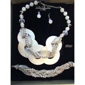 Bella Del Mar Necklace Bracelet Earrings Set Mother of Pearl Beaded Silver Tone
